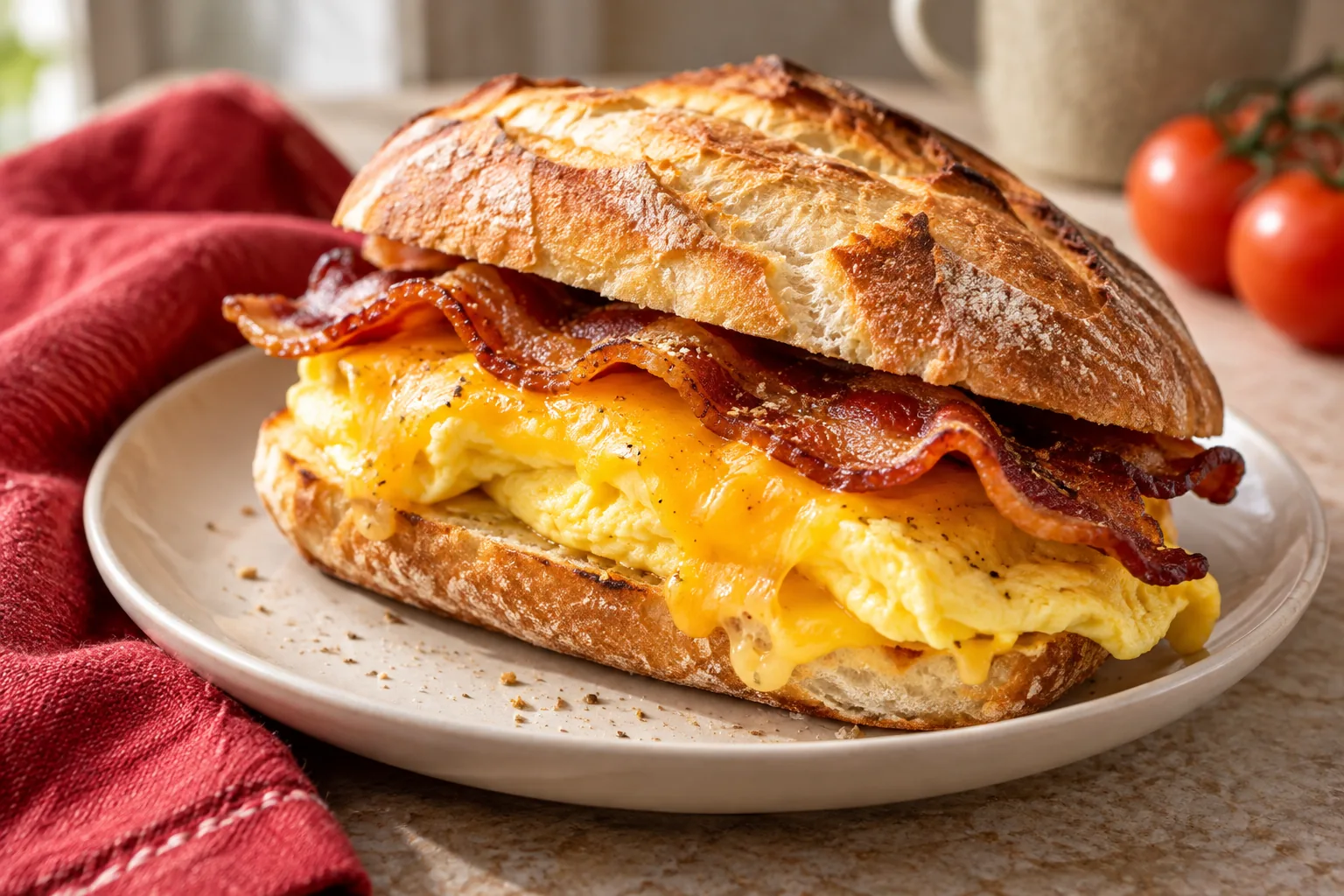 Illustrative egg, bacon and cheese breakfast sandwich
