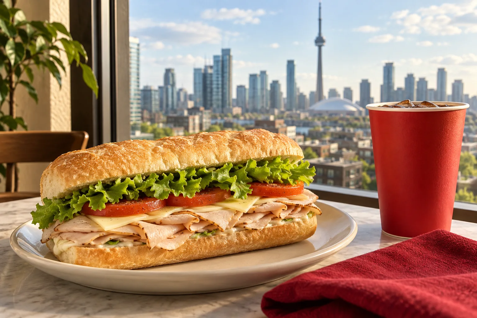 Unbranded sandwich and drink beside a cafe window overlooking Toronto