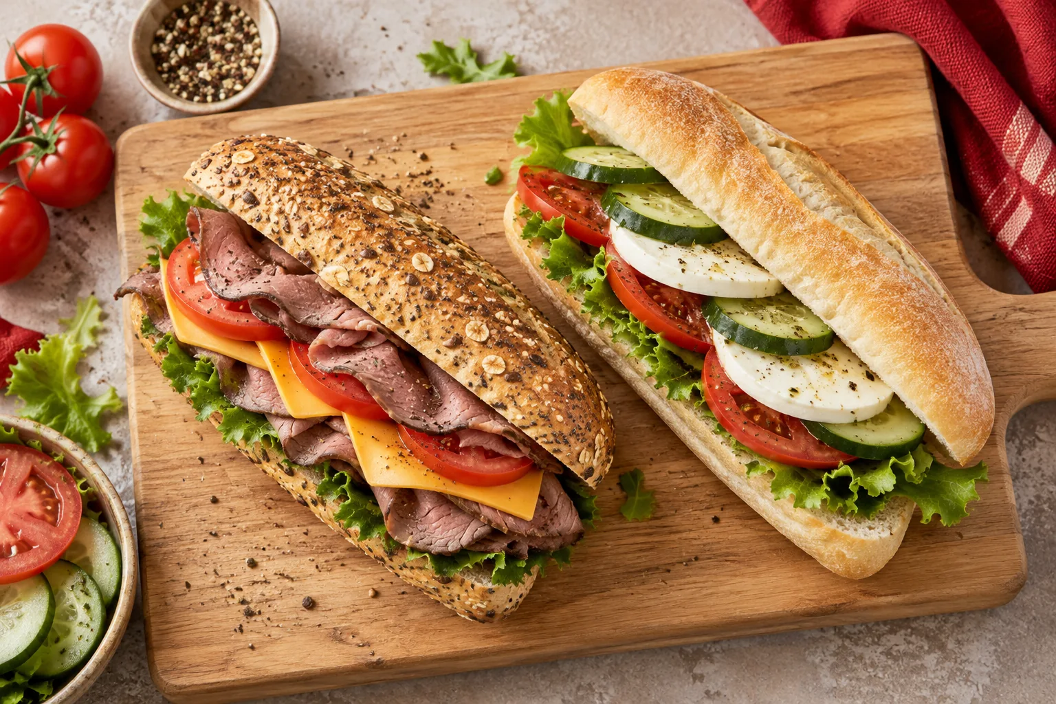 Two different unbranded sandwiches arranged side by side