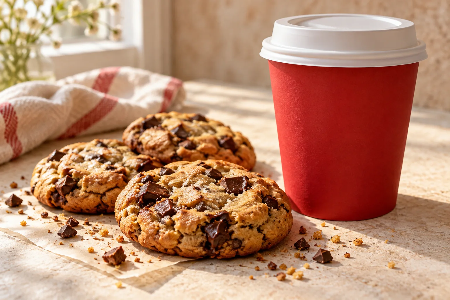 Chocolate chip cookies beside an unbranded red takeaway cup