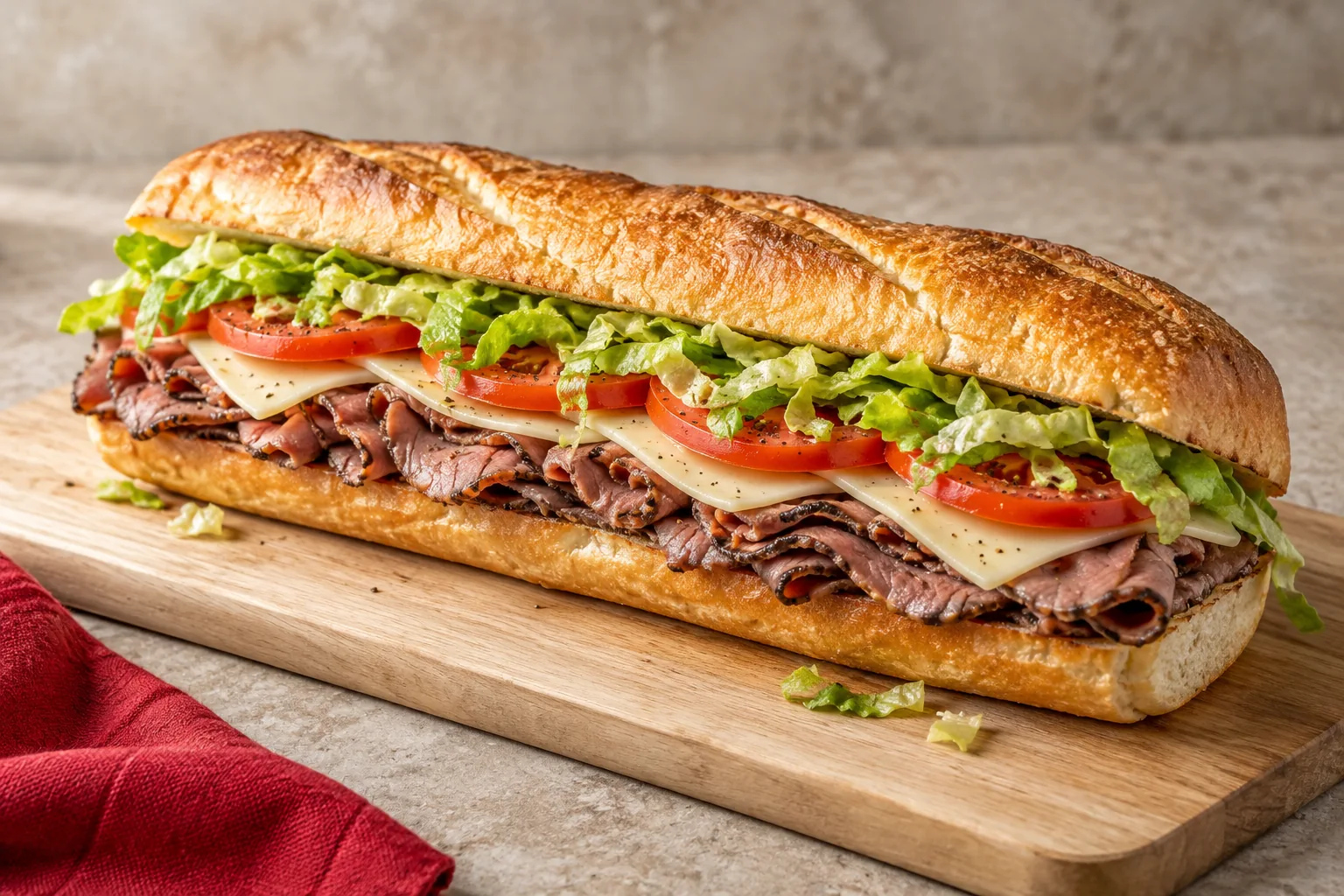 Long roast beef and vegetable sandwich on a wooden board
