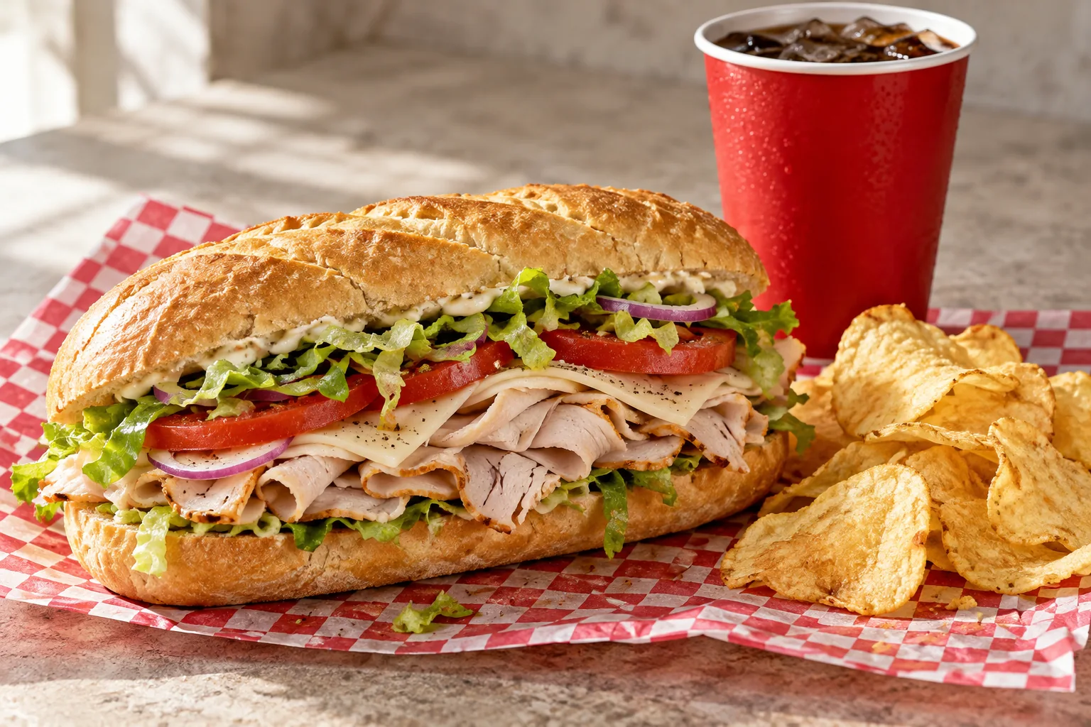 Unbranded sandwich meal with potato chips and a red drink cup
