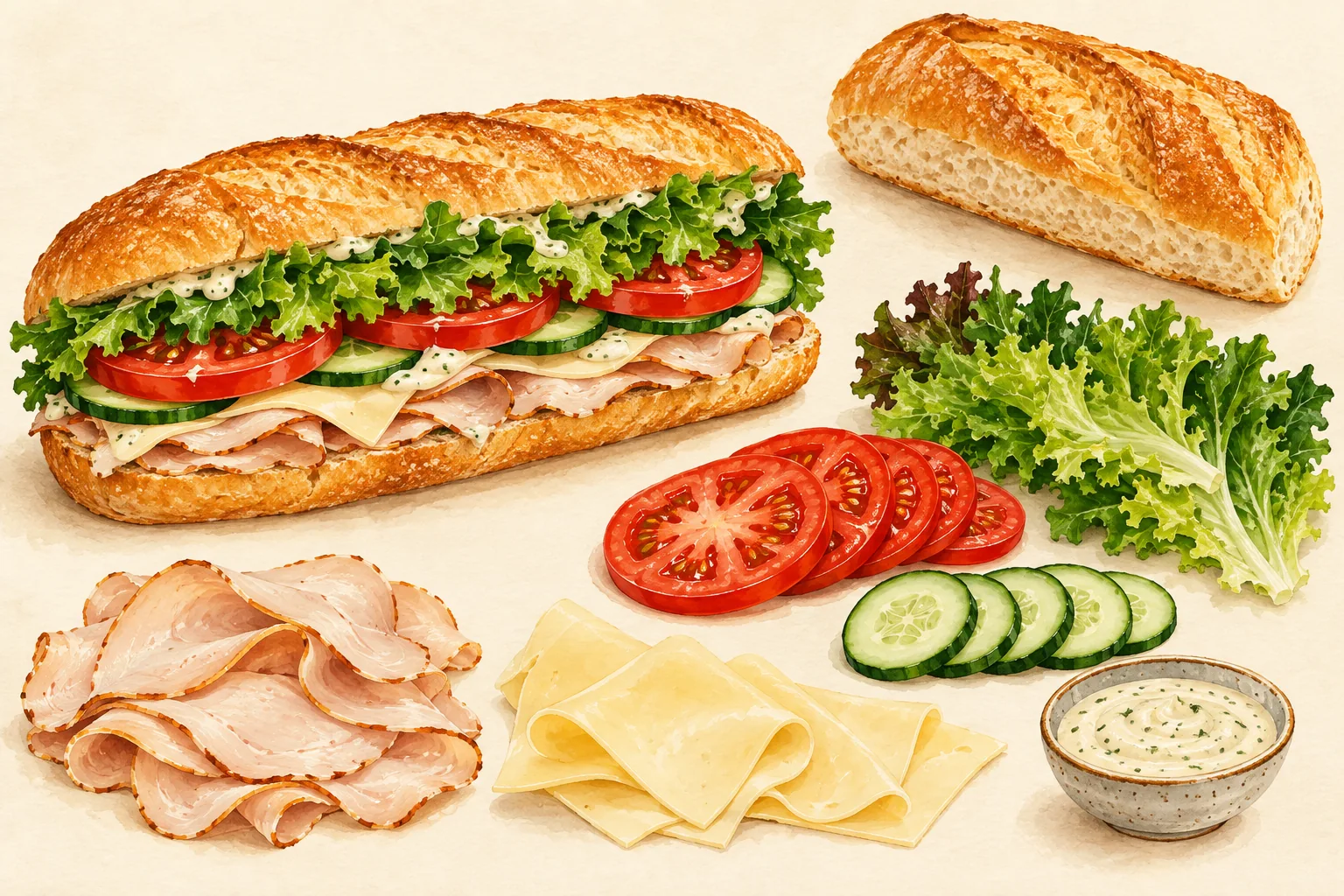 Editorial illustration of a sandwich with its bread, vegetables and fillings separated