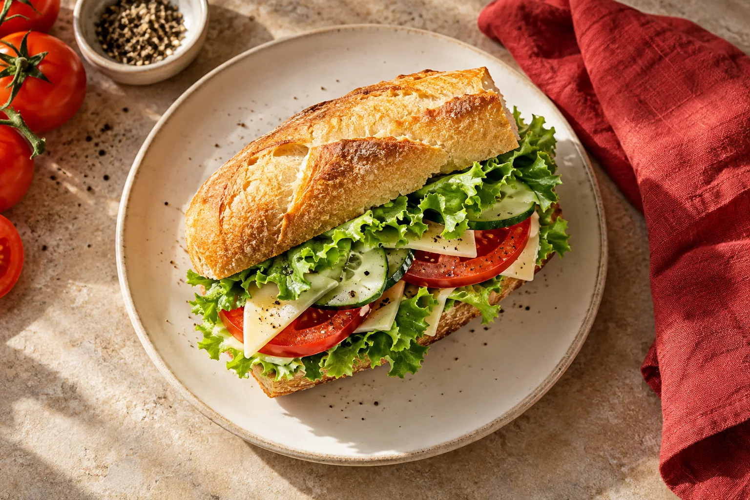 Small vegetable and cheese sandwich on a cream plate